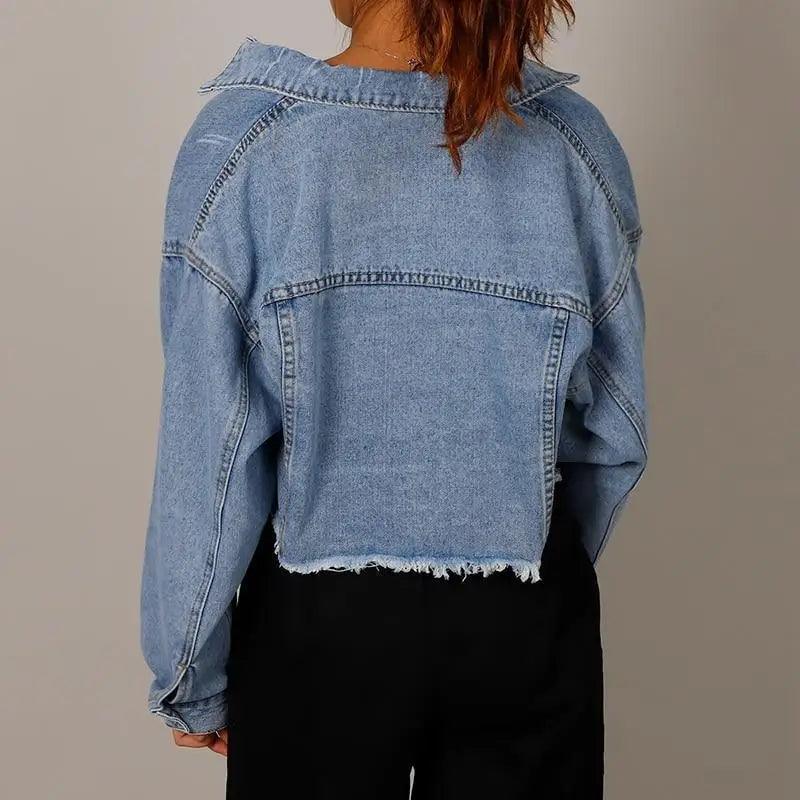 Unique Design Women's Denim Cropped Jacket Female Pockets Hole Short Jean Jackets Ladies Fashionable Button Casual Solid Coats Stevvex