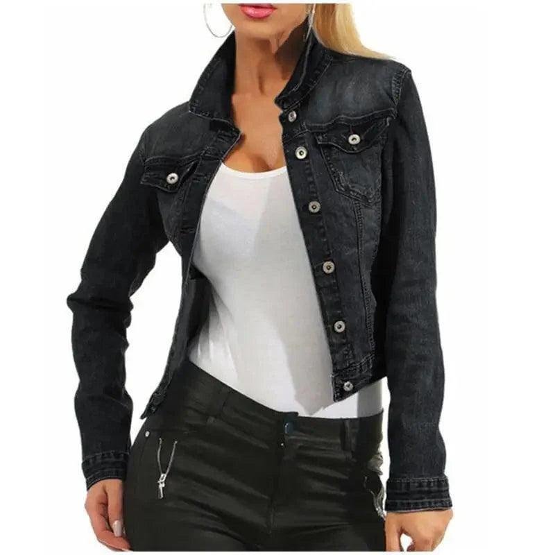 Unique Design Women's Denim Cropped Jacket Female Pockets Hole Short Jean Jackets Ladies Fashionable Button Casual Solid Coats Stevvex