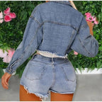 Unique Design Women's Denim Cropped Jacket Female Pockets Hole Short Jean Jackets Ladies Fashionable Button Casual Solid Coats Stevvex