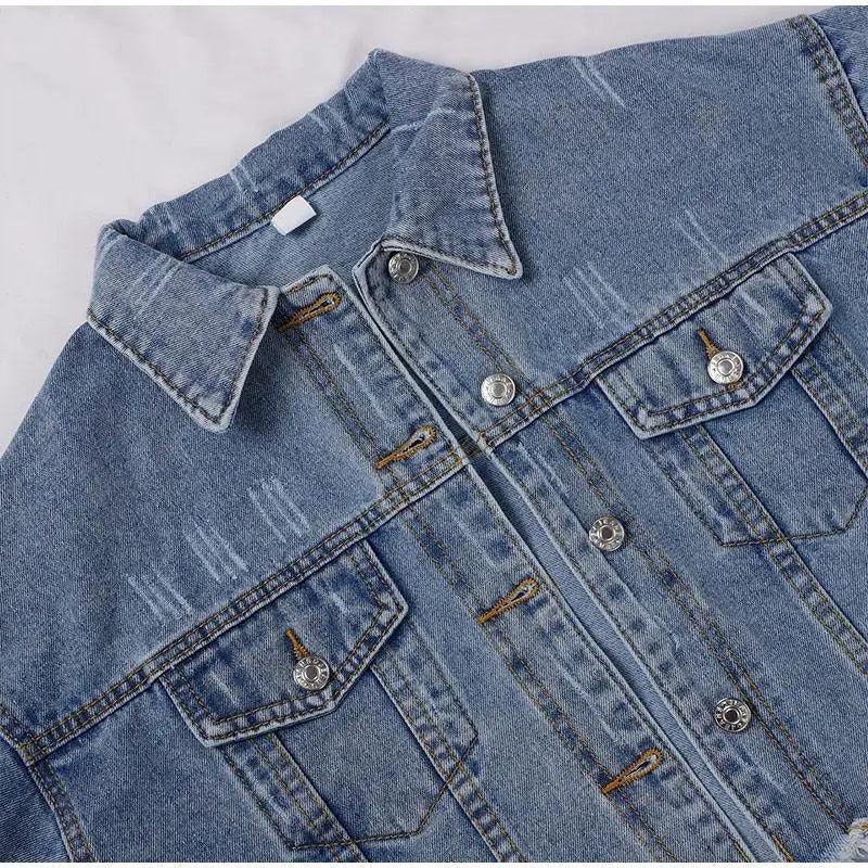 Unique Design Women's Denim Cropped Jacket Female Pockets Hole Short Jean Jackets Ladies Fashionable Button Casual Solid Coats Stevvex