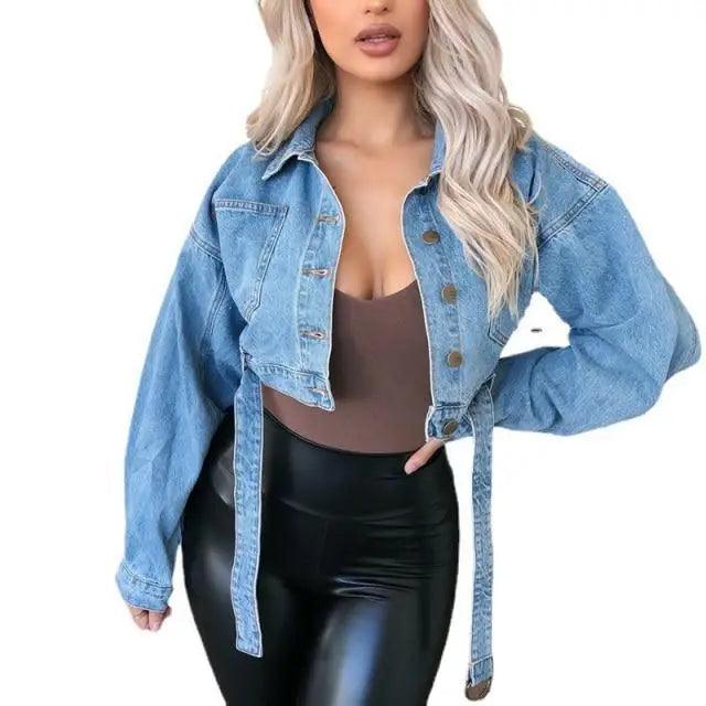 Unique Design Women's Denim Cropped Jacket Female Pockets Hole Short Jean Jackets Ladies Fashionable Button Casual Solid Coats Stevvex