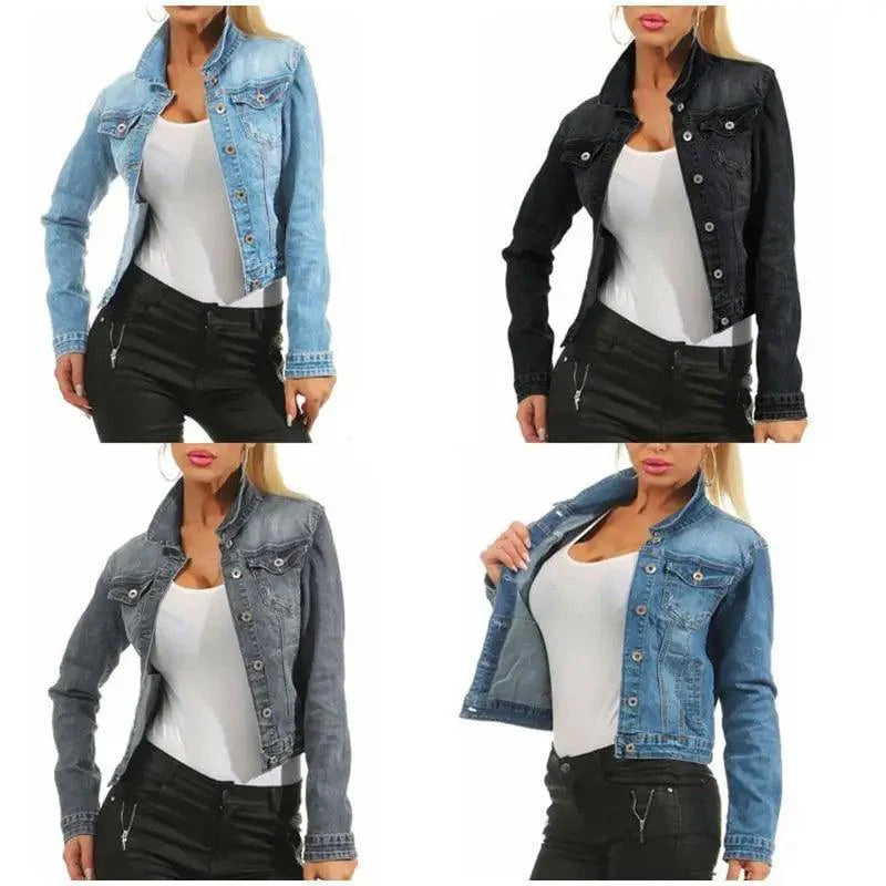 Unique Design Women's Denim Cropped Jacket Female Pockets Hole Short Jean Jackets Ladies Fashionable Button Casual Solid Coats Stevvex