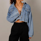 Unique Design Women's Denim Cropped Jacket Female Pockets Hole Short Jean Jackets Ladies Fashionable Button Casual Solid Coats Stevvex
