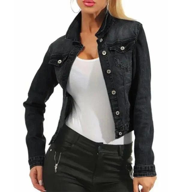 Unique Design Women's Denim Cropped Jacket Female Pockets Hole Short Jean Jackets Ladies Fashionable Button Casual Solid Coats Stevvex