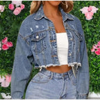 Unique Design Women's Denim Cropped Jacket Female Pockets Hole Short Jean Jackets Ladies Fashionable Button Casual Solid Coats Stevvex