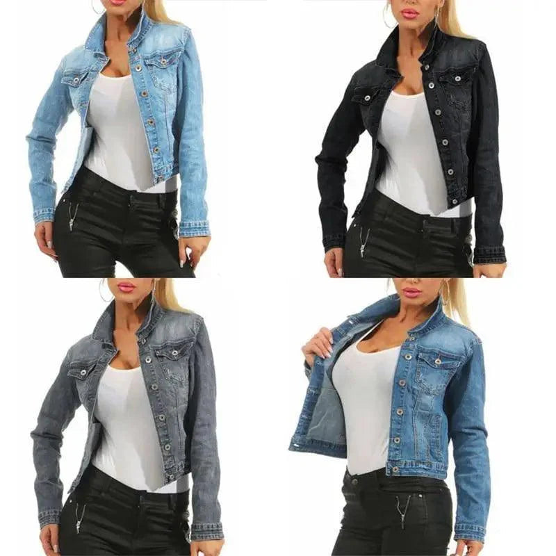 Unique Design Women's Denim Cropped Jacket Female Pockets Hole Short Jean Jackets Ladies Fashionable Button Casual Solid Coats Stevvex
