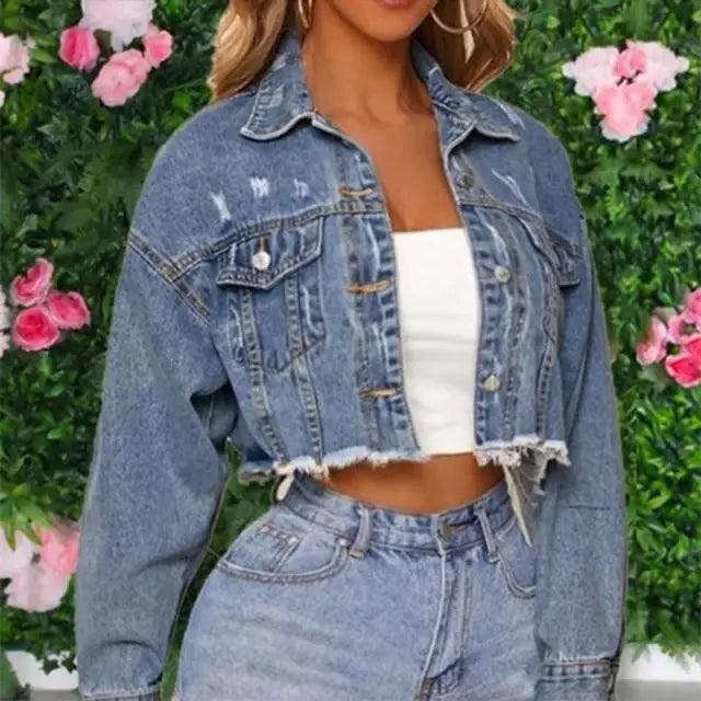 Unique Design Women's Denim Cropped Jacket Female Pockets Hole Short Jean Jackets Ladies Fashionable Button Casual Solid Coats Stevvex