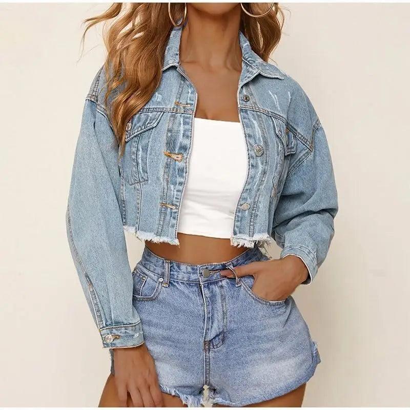 Unique Design Women's Denim Cropped Jacket Female Pockets Hole Short Jean Jackets Ladies Fashionable Button Casual Solid Coats Stevvex