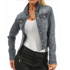 Unique Design Women's Denim Cropped Jacket Female Pockets Hole Short Jean Jackets Ladies Fashionable Button Casual Solid Coats Stevvex