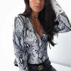 Unique Design Women's Snakeskin Leopard Print Blouse Ladies Casual Long Sleeve V-neck Button Down Bodycon Slim Fit Tops