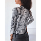 Unique Design Women's Snakeskin Leopard Print Blouse Ladies Casual Long Sleeve V-neck Button Down Bodycon Slim Fit Tops