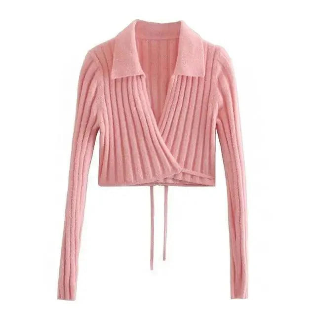 Unique Design Women's Sweater Solid Cross V-Neck Lace Up Bow Jumpers Long Sleeve Cardigan Female Spring Knitted Coat Stevvex