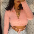 Unique Design Women's Sweater Solid Cross V-Neck Lace Up Bow Jumpers Long Sleeve Cardigan Female Spring Knitted Coat Stevvex