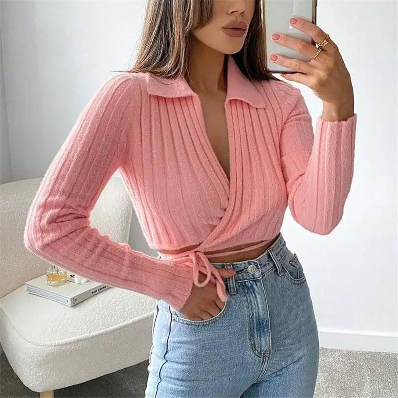 Unique Design Women's Sweater Solid Cross V-Neck Lace Up Bow Jumpers Long Sleeve Cardigan Female Spring Knitted Coat Stevvex