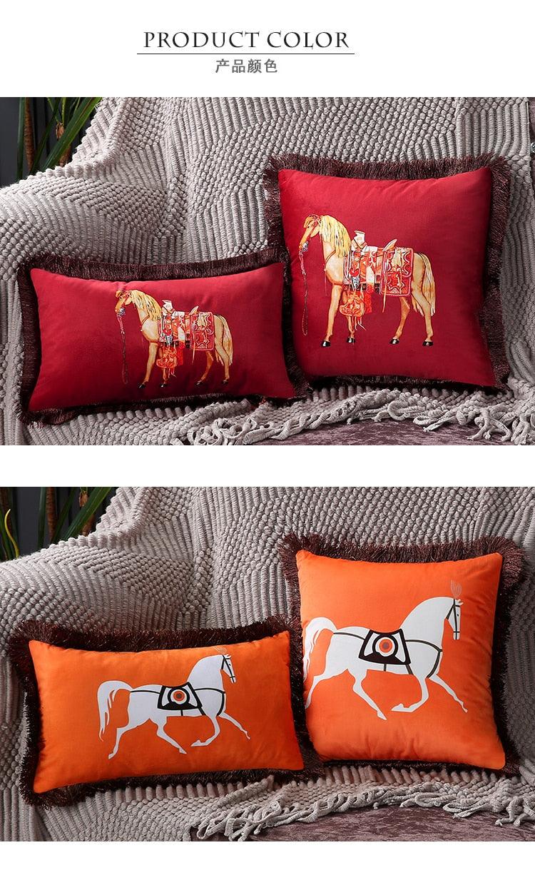 Unique Designed European American Luxury Printed Polyester Cushion Cover Horse printed Lumbar Cover Tassel Edge Modern Throw Pillow Covers Square Decorative Set Cushion Covers For Home Bed Couch Sofa Bench Stevvex