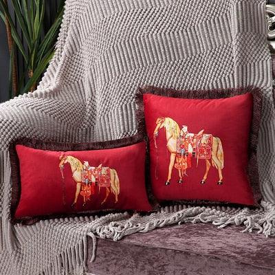 Unique Designed European American Luxury Printed Polyester Cushion Cover Horse printed Lumbar Cover Tassel Edge Modern Throw Pillow Covers Square Decorative Set Cushion Covers For Home Bed Couch Sofa Bench Stevvex