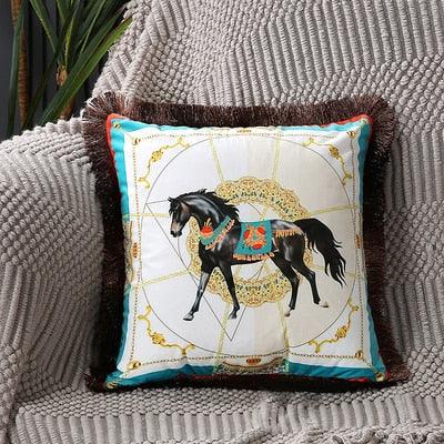 Unique Designed European American Luxury Printed Polyester Cushion Cover Horse printed Lumbar Cover Tassel Edge Modern Throw Pillow Covers Square Decorative Set Cushion Covers For Home Bed Couch Sofa Bench Stevvex