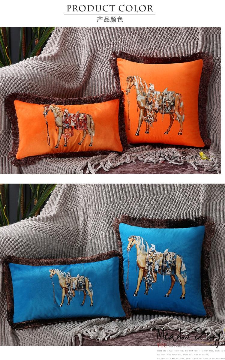 Unique Designed European American Luxury Printed Polyester Cushion Cover Horse printed Lumbar Cover Tassel Edge Modern Throw Pillow Covers Square Decorative Set Cushion Covers For Home Bed Couch Sofa Bench Stevvex