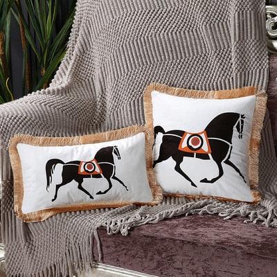 Unique Designed European American Luxury Printed Polyester Cushion Cover Horse printed Lumbar Cover Tassel Edge Modern Throw Pillow Covers Square Decorative Set Cushion Covers For Home Bed Couch Sofa Bench Stevvex