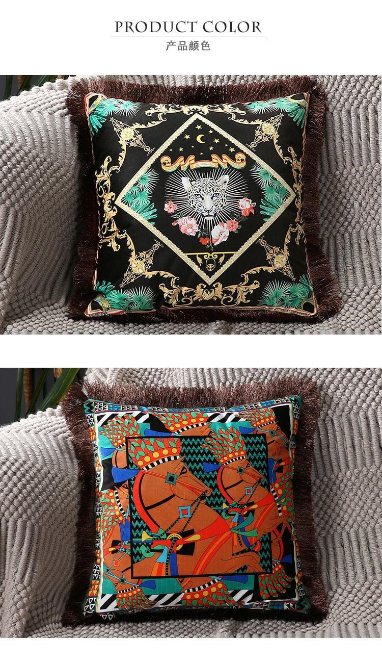 Unique Designed European American Luxury Printed Polyester Cushion Cover Horse printed Lumbar Cover Tassel Edge Modern Throw Pillow Covers Square Decorative Set Cushion Covers For Home Bed Couch Sofa Bench Stevvex