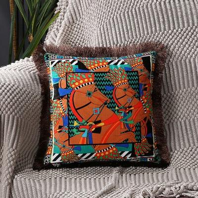 Unique Designed European American Luxury Printed Polyester Cushion Cover Horse printed Lumbar Cover Tassel Edge Modern Throw Pillow Covers Square Decorative Set Cushion Covers For Home Bed Couch Sofa Bench Stevvex