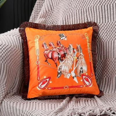 Unique Designed European American Luxury Printed Polyester Cushion Cover Horse printed Lumbar Cover Tassel Edge Modern Throw Pillow Covers Square Decorative Set Cushion Covers For Home Bed Couch Sofa Bench Stevvex
