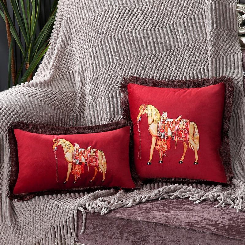 Unique Designed European American Luxury Printed Polyester Cushion Cover Horse printed Lumbar Cover Tassel Edge Modern Throw Pillow Covers Square Decorative Set Cushion Covers For Home Bed Couch Sofa Bench Stevvex