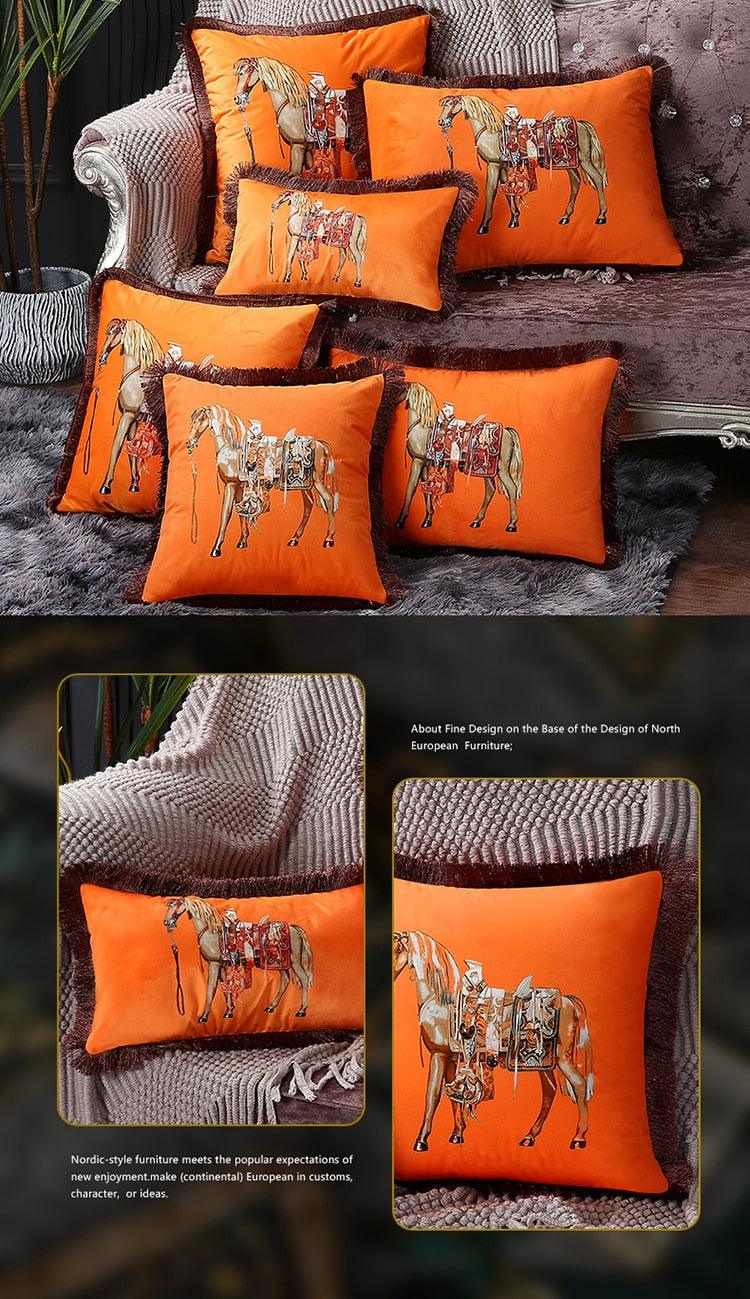 Unique Designed European American Luxury Printed Polyester Cushion Cover Horse printed Lumbar Cover Tassel Edge Modern Throw Pillow Covers Square Decorative Set Cushion Covers For Home Bed Couch Sofa Bench Stevvex