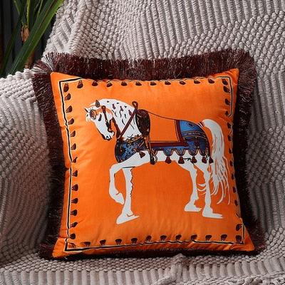 Unique Designed European American Luxury Printed Polyester Cushion Cover Horse printed Lumbar Cover Tassel Edge Modern Throw Pillow Covers Square Decorative Set Cushion Covers For Home Bed Couch Sofa Bench Stevvex