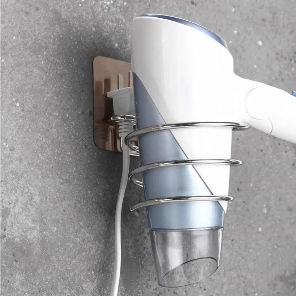 Unique Designed Hair Dryer Holder Blower Organizer Adhesive Wall Mounted Nail Free No Drilling Stainless Steel Stand Tool For Bathroom Bedroom Stevvex