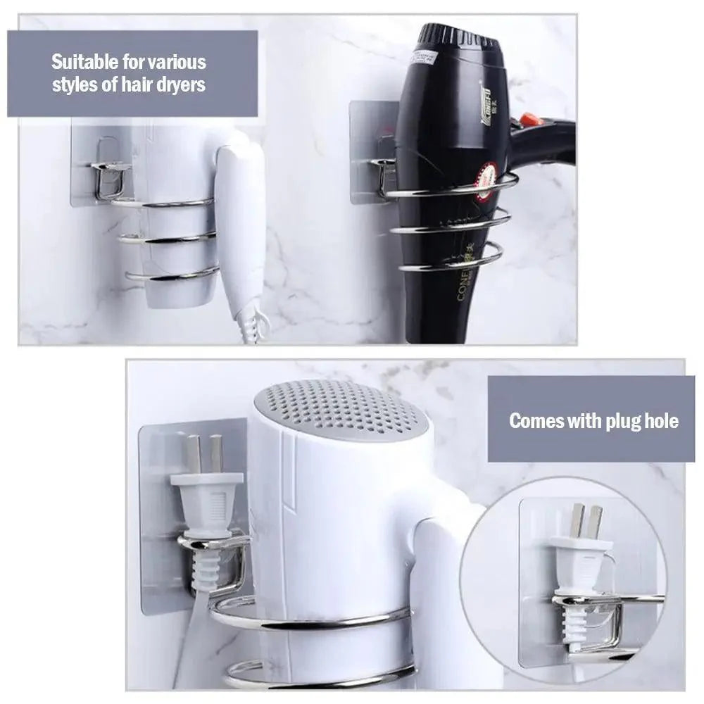 Unique Designed Hair Dryer Holder Blower Organizer Adhesive Wall Mounted Nail Free No Drilling Stainless Steel Stand Tool For Bathroom Bedroom Stevvex