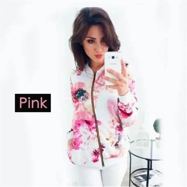 Unique Nature Design Women's jackets Floral Printed Ladies Zipper Up Bomber Outwear Spring Long Sleeve Short Thin Slim Casual Pocket Biker Coats Stevvex
