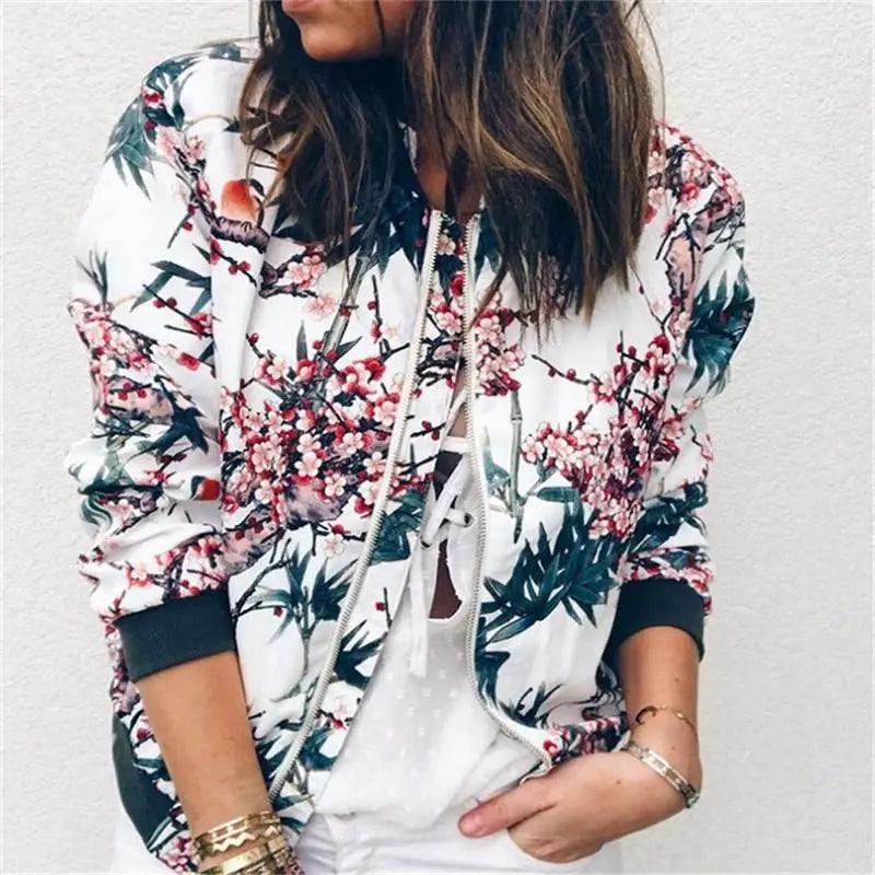 Unique Nature Design Women's jackets Floral Printed Ladies Zipper Up Bomber Outwear Spring Long Sleeve Short Thin Slim Casual Pocket Biker Coats Stevvex