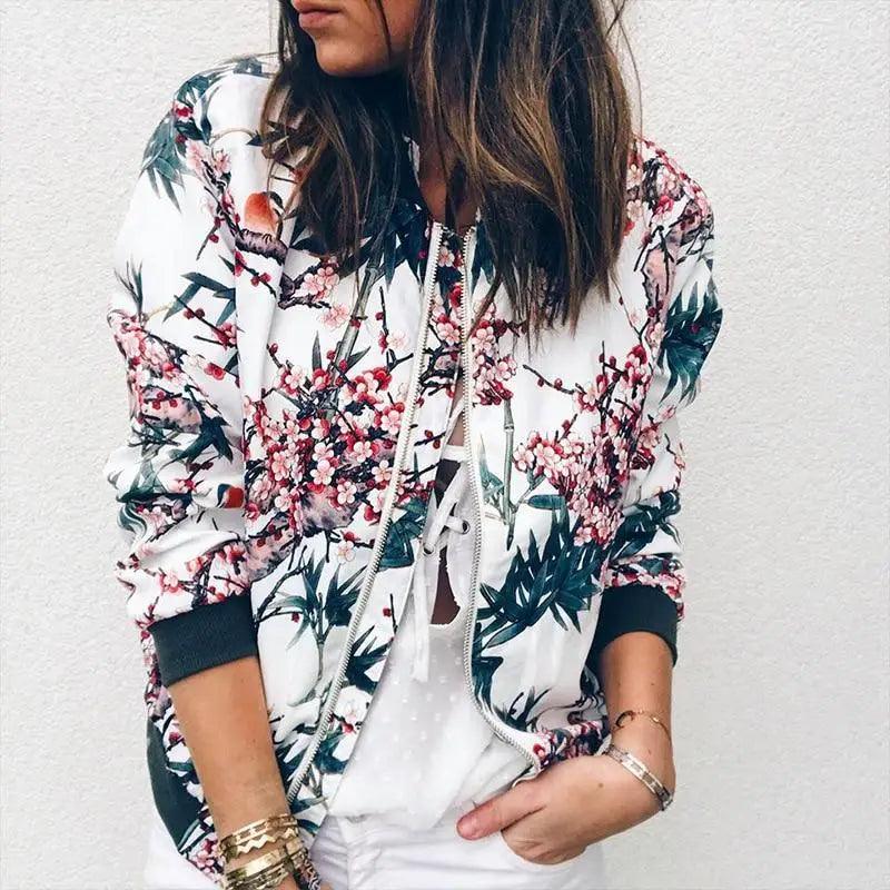 Unique Nature Design Women's jackets Floral Printed Ladies Zipper Up Bomber Outwear Spring Long Sleeve Short Thin Slim Casual Pocket Biker Coats Stevvex