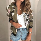 Unique Nature Design Women's jackets Floral Printed Ladies Zipper Up Bomber Outwear Spring Long Sleeve Short Thin Slim Casual Pocket Biker Coats Stevvex