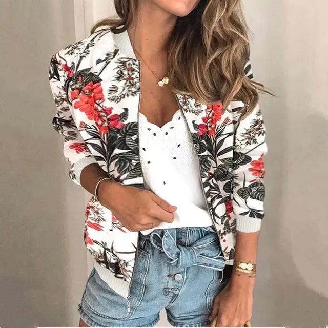 Unique Nature Design Women's jackets Floral Printed Ladies Zipper Up Bomber Outwear Spring Long Sleeve Short Thin Slim Casual Pocket Biker Coats Stevvex