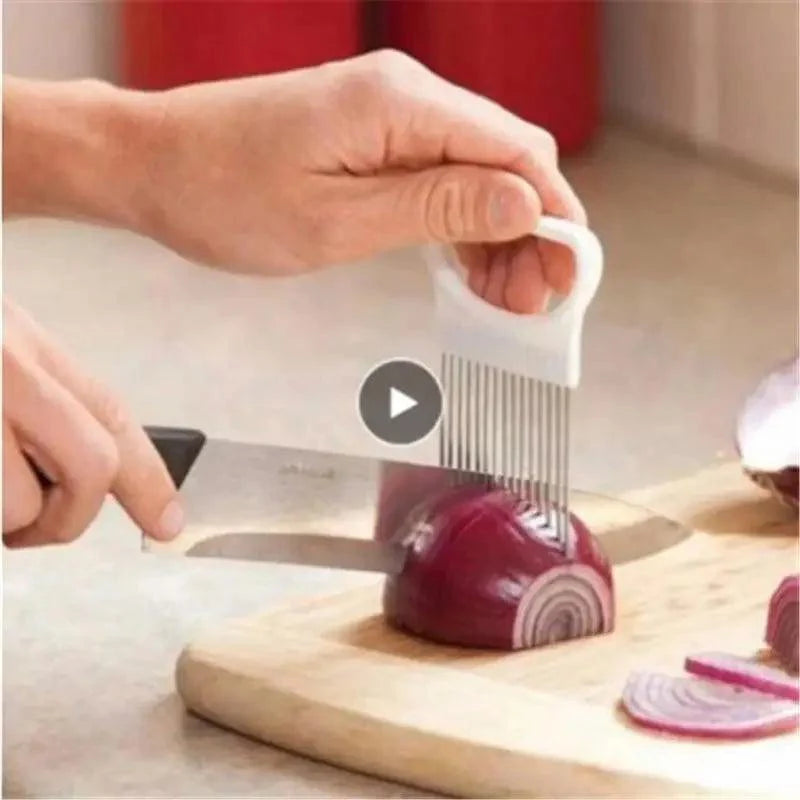 Unique Style 1PC Stainless Steel Onion Needle Onion Holder Handheld Simple Slicer Fruit Vegetable Cutter Potato Kitchen Tool Bar Accessories Stevvex