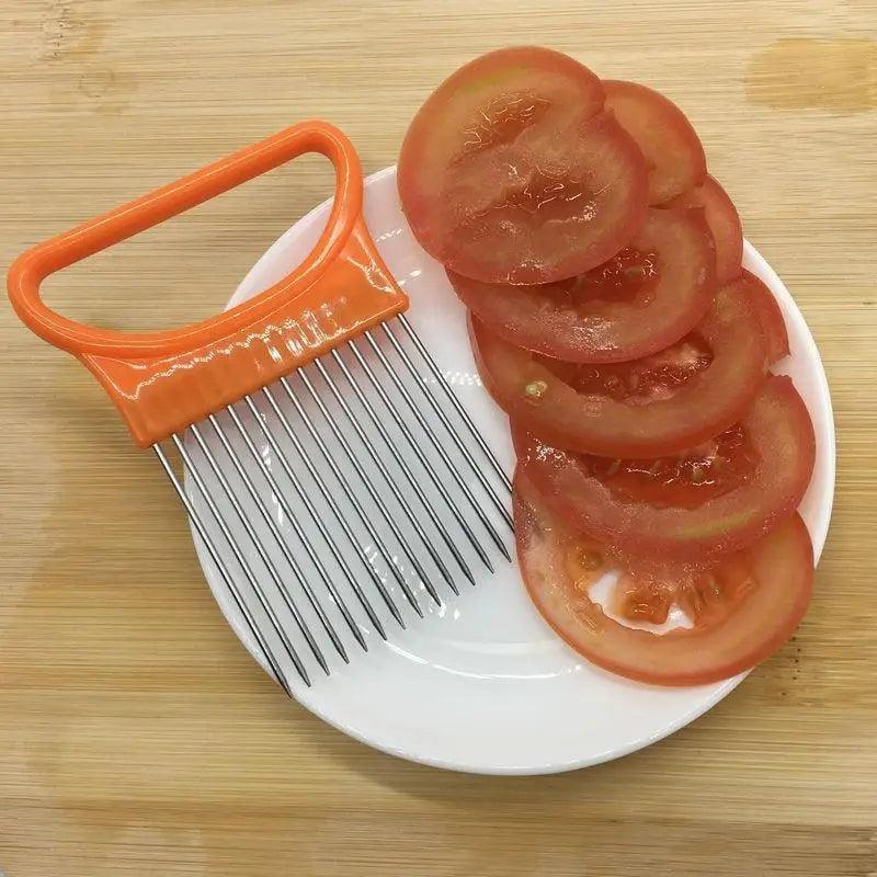 Unique Style 1PC Stainless Steel Onion Needle Onion Holder Handheld Simple Slicer Fruit Vegetable Cutter Potato Kitchen Tool Bar Accessories Stevvex