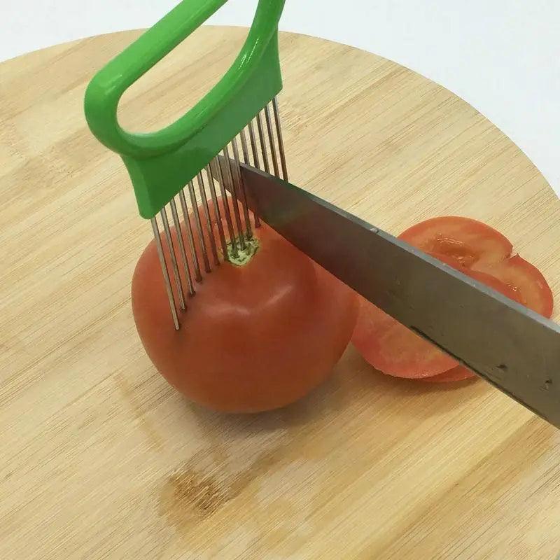 Unique Style 1PC Stainless Steel Onion Needle Onion Holder Handheld Simple Slicer Fruit Vegetable Cutter Potato Kitchen Tool Bar Accessories Stevvex