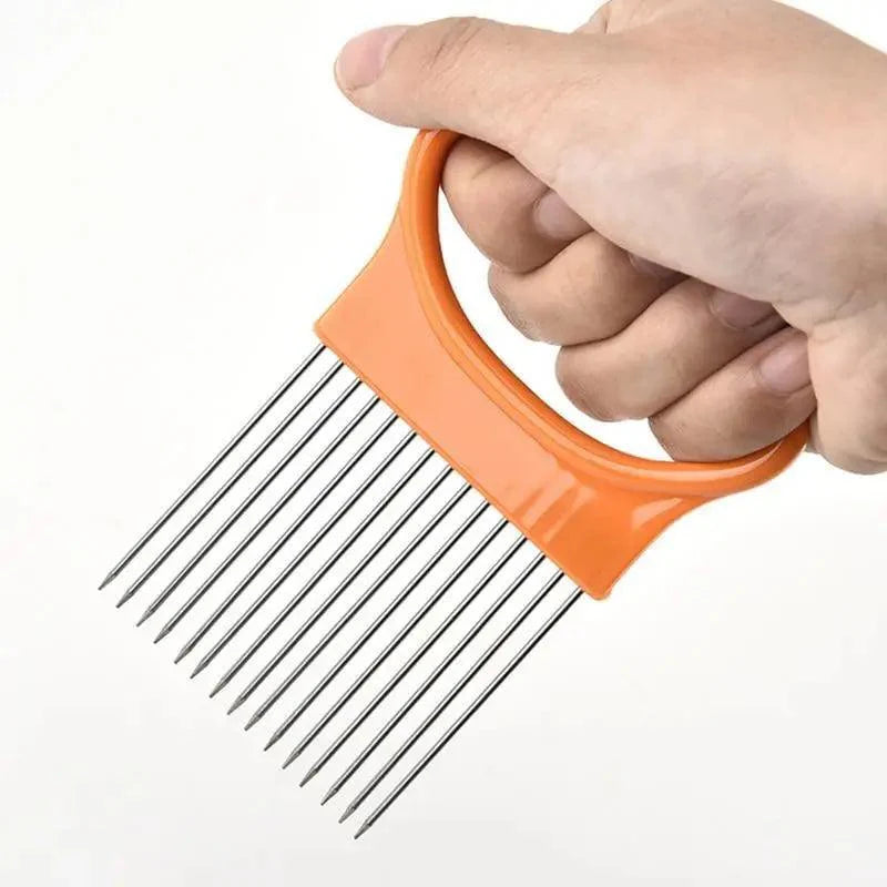 Unique Style 1PC Stainless Steel Onion Needle Onion Holder Handheld Simple Slicer Fruit Vegetable Cutter Potato Kitchen Tool Bar Accessories Stevvex