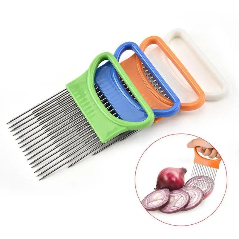 Unique Style 1PC Stainless Steel Onion Needle Onion Holder Handheld Simple Slicer Fruit Vegetable Cutter Potato Kitchen Tool Bar Accessories Stevvex