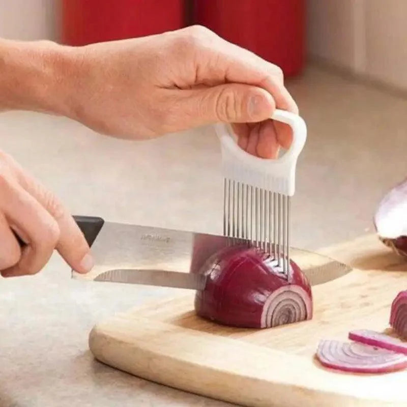 Unique Style 1PC Stainless Steel Onion Needle Onion Holder Handheld Simple Slicer Fruit Vegetable Cutter Potato Kitchen Tool Bar Accessories Stevvex