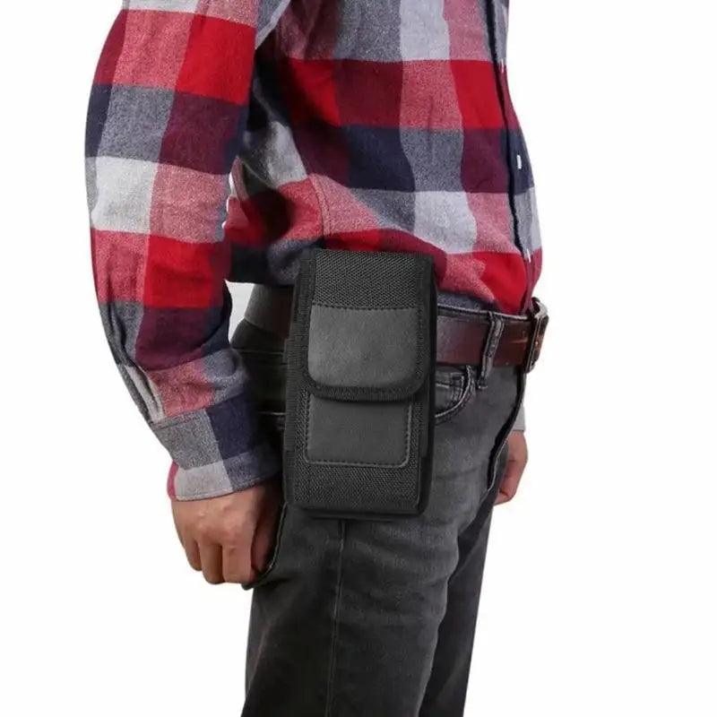 Unisex Simple Black Design Men Small Cell Phone Holster Storage Waist Fanny Pack Zipper Storage Credit Card Holder Stevvex