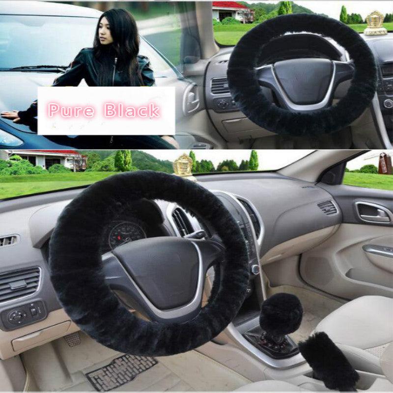 Universal Cute and Stylish Fluffy Fur Steering Wheel Cover Steering-wheel Plush Car Steering Wheel Warm Soft Fur Fuzzy Steering Wheel Covers Winter Faux fur Hand Brake & Gear Cover Set Car Interior Accessories Fuzzy Steering Wheel Cover for Women Stevvex