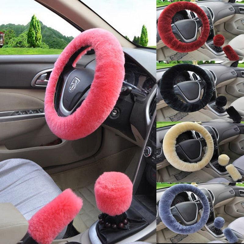 Universal Cute and Stylish Fluffy Fur Steering Wheel Cover Steering-wheel Plush Car Steering Wheel Warm Soft Fur Fuzzy Steering Wheel Covers Winter Faux fur Hand Brake & Gear Cover Set Car Interior Accessories Fuzzy Steering Wheel Cover for Women Stevvex