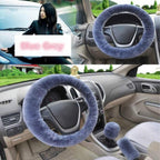 Universal Cute and Stylish Fluffy Fur Steering Wheel Cover Steering-wheel Plush Car Steering Wheel Warm Soft Fur Fuzzy Steering Wheel Covers Winter Faux fur Hand Brake & Gear Cover Set Car Interior Accessories Fuzzy Steering Wheel Cover for Women Stevvex