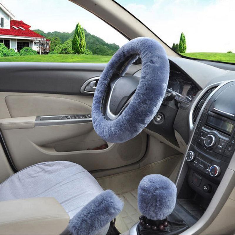 Universal Cute and Stylish Fluffy Fur Steering Wheel Cover Steering-wheel Plush Car Steering Wheel Warm Soft Fur Fuzzy Steering Wheel Covers Winter Faux fur Hand Brake & Gear Cover Set Car Interior Accessories Fuzzy Steering Wheel Cover for Women Stevvex