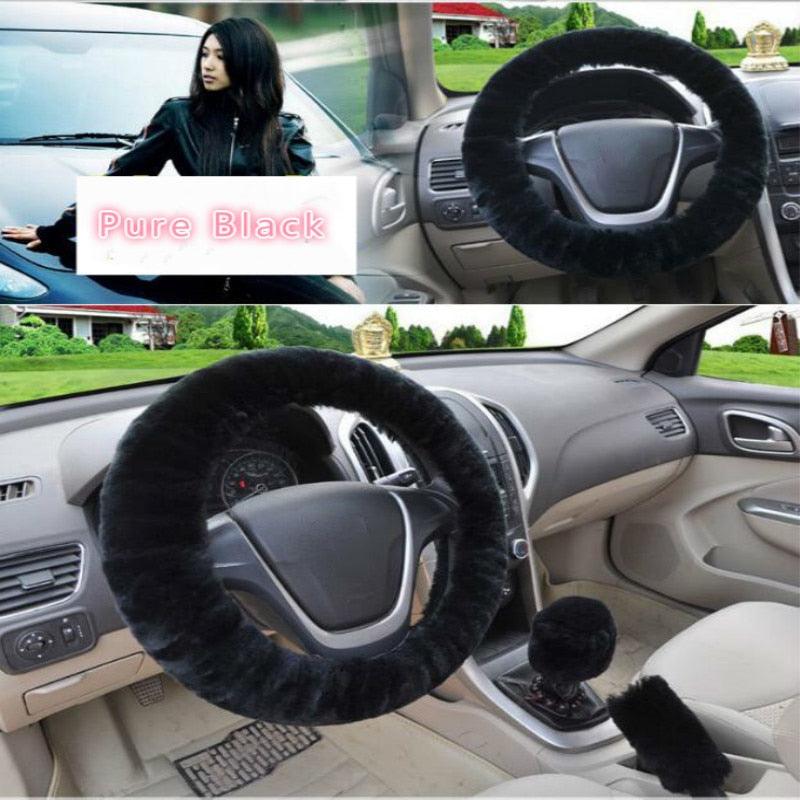 Universal Cute and Stylish Fluffy Fur Steering Wheel Cover Steering-wheel Plush Car Steering Wheel Warm Soft Fur Fuzzy Steering Wheel Covers Winter Faux fur Hand Brake & Gear Cover Set Car Interior Accessories Fuzzy Steering Wheel Cover for Women Stevvex