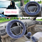 Universal Cute and Stylish Fluffy Fur Steering Wheel Cover Steering-wheel Plush Car Steering Wheel Warm Soft Fur Fuzzy Steering Wheel Covers Winter Faux fur Hand Brake & Gear Cover Set Car Interior Accessories Fuzzy Steering Wheel Cover for Women Stevvex