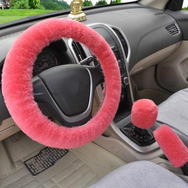Universal Cute and Stylish Fluffy Fur Steering Wheel Cover Steering-wheel Plush Car Steering Wheel Warm Soft Fur Fuzzy Steering Wheel Covers Winter Faux fur Hand Brake & Gear Cover Set Car Interior Accessories Fuzzy Steering Wheel Cover for Women Stevvex